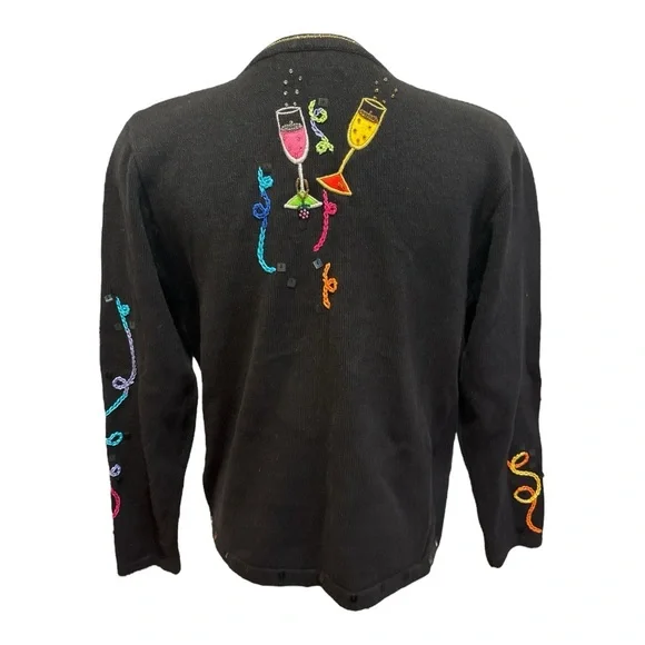 80s BERER 2 BLACK & MULTI-COLOR COCKTAILS HOUR W STREAMERS CARDIGAN SWEATER SZ S - Picture 7 of 12